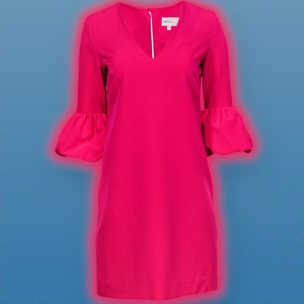 Milly ‘Mandy’ V-Neck 3/4-Length Sleeve Mini Dress in “Raspberry” Hot Pink Size 8